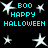 Black background with cyan text and white star shapes; two identical sections display "BOO HAPPY HALLOWEEN" in pixelated font surrounded by stars.