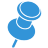 Blue pin icon with white outline on gray background, featuring circular head and straight stem with rounded tip.