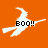 Pixelated witch on broomstick with 'BOO!!' text against orange background, partially cropped at bottom right.