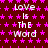 A static image with a dark red background covered in small pink stars, displaying the text "Love Is The Word" in white pixelated letters arranged in a pattern