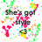 Pixelated static image with scattered colorful shapes and partial text fragments on a white background.