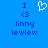 Blue background displays two identical pixel art text blocks with a white heart symbol between them, each containing 'I', '<3', 'linny', and 'lewlew' in blue pixelated text.