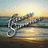 A silver metallic 'S' logo with a stylized design floats over a beach sunset scene, featuring calm water reflecting golden light and a gradient sky transitioning from blue to orange.