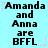 Light blue background with repeated text "Amanda and Anna are BFFL" in black pixelated font, surrounded by pink and light purple star and dot decorations.