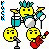 Pixel art contact sheet of four animated frames showing a yellow smiley character with teal spiky hair playing drums and guitar, each frame displaying different facial expressions for the characters.