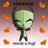 Pixelated green alien figure with closed eyes, dark limbs, and a rounded head stands against a gradient background of orange shapes.