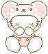 Pixelated cartoon character with mouse ears, pink bow, and diaper, hands clasped over chest, eyes closed on left, eyes open on right.