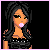 Pixelated character with long black hair and orange skin blows pink bubblegum, wearing a black strapless top against a black background.
