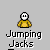 Pixel art character in yellow hoodie with white face, four distinct poses shown below text reading "Jumping Jacks".