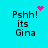 Cyan background with black text reading "Pshh! its Gina" and four distinct pink pixelated symbols: a heart, scattered dots, a starburst, and another dot cluster.