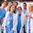 A pixelated group of people in blue and white medical attire on a pink background with text elements.