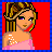 Pixel art contact sheet showing a cartoon woman's face, torso, legs, and text fragments on red backgrounds with blue borders.