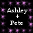 Black background with purple star-like sparkles, white text reading "Ashley + Pete" repeated in two
