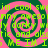 Four identical spiral patterns with alternating pink and green colors, overlaid with repeating green text on a pink background.