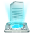 Pixelated icon of a translucent light blue document with horizontal lines on a gray background, resting on a dark gray base with a bright blue glow at the bottom.