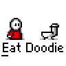 A 5x5 contact sheet of a pixel art animated icon showing a red-shirted stick figure with white head and black eyes interacting with a white toilet, displayed on gray background.