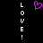Pixelated icon with vertical 'LOVE!' text on both sides and a pink heart symbol in the center against black background.