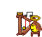 Pixelated angel with brown hair and halo plays a harp, surrounded by floating musical notes on gray background.