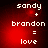 Red background with white pixelated text 'sandy + brandon = love' and a small red dot above 'sandy' that changes position across frames.