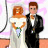 Static 48x48 pixel icon showing a cartoon couple in wedding attire against a pink-and-white background with partial staircase visible.
