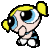 Two pixelated frames of a cartoon character with yellow pigtails, blue eyes in first frame and pink eyes in second frame, wearing black outfit with white shoes and blue accents.
