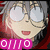 Pixelated anime-style character with gray hair and glasses, red clothing, smiling expression, displayed in a four