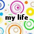 Colorful circular patterns with text overlay reading 'my life is merda.. sometimes cause of my friends!' on a white background.