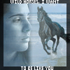 Pixelated image of a person's face and a horse running on a beach with text above and below.