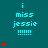 Teal background with cyan text reading "i miss jessie !!!!!!!" and red heart symbols in varying quantities across three