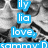 Pixelated blue text blocks spell 'ily lia love.' over a grayscale background with black and white pixel clusters.