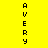 Yellow background with blue rectangular blocks and vertical black text reading 'AVERY' in pixelated font across three