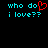 Pixelated cyan text 'who do i love??' with a red heart replacing the 'o' in 'do', displayed twice on a black background.