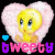 Yellow cartoon bird with blue eyes inside pink heart-shaped background, repeated in pattern with text below