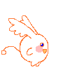 Six pixelated white bird-like creatures with orange outlines, blue eyes, pink cheeks, and yellow beaks in various poses against a gray background.