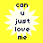 Yellow background with four identical white starburst shapes containing dark blue text reading 'can u just love me' in pixelated font.
