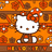 Pixelated Hello Kitty icon with orange bow, brown outfit, and 'HELLO KITTY' text on orange floral background.