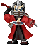 Pixelated character in red robe and silver helmet holds sword, standing against gray background with four pose variations.