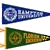 Two pennant-shaped icons with pixelated textures, one blue with white text and circular emblem, the other green with brown and yellow accents.