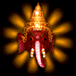 Red elephant head with golden crown and tusks, surrounded by yellow radial blur on black background, two identical frames.