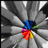 A static icon with a central blue and red flower-like shape surrounded by gray radial lines on a white background.