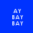 Blue background with white pixelated text 'AY BAY BAY' arranged in three , displayed in four variations with differing background gradients and brightness levels