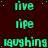 Green pixelated text on dark red background cycles between 'live' and 'laughing' with blue dots scattered across the scene.