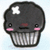 Pixelated dark gray cupcake with white star on top, pink cheeks, black eyes, and striped wrapper against light blue background.