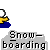 Animated pixel art sequence showing a yellow-shirted figure performing snowboarding actions on brown benches with text labels.