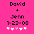 Pixelated text and symbols on a bright pink background with two identical static frames showing name pairs, date, and heart icons.