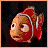 Pixelated cartoon fish with red and white coloring, large eyes, and a worried expression on a black background with orange text