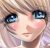 Pixelated close-up of a person's face with light brown hair, blue eyes, and pinkish skin tones against a blurred background.