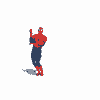 Animated sequence of a red and blue costumed figure in multiple dynamic poses against white background.