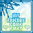 Pixelated buddy icon with blue border showing "MY FRIENDS COME FIRST" text over light sky background with palm tree and heart symbols, displayed in a 2x2 contact sheet layout with three visible frames.