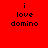 Red background with black text 'i love domino' in four , each with a white rectangular overlay in different positions